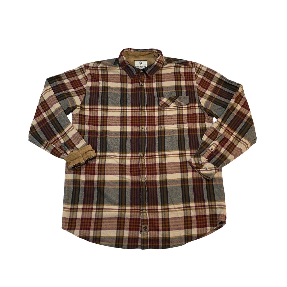 Legendary Whitetails Mens XLT Plaid Flannel Shirt Corduroy Trim Burgundy 6464